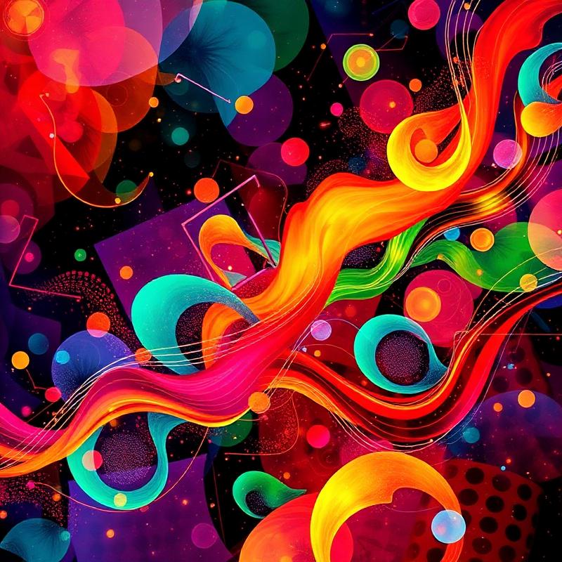 Abstract fusion of bright musical ribbons, circles, and rhythmic motion across a dark field
